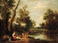 A wooded river landscape with figures resting on a bank - Francesco Zuccarelli