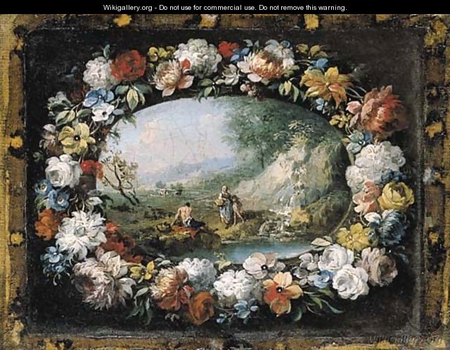 A wooded river landscape with figures by a waterfall, within a feigned cartouche decorated with a garland of flowers - Francesco Zuccarelli