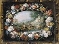 A wooded river landscape with figures by a waterfall, within a feigned cartouche decorated with a garland of flowers - Francesco Zuccarelli