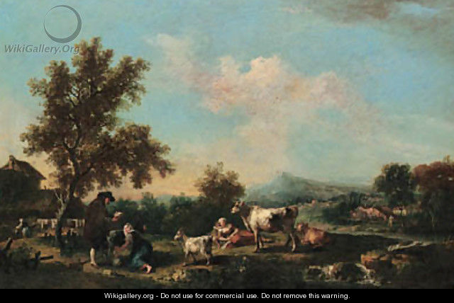 A river landscape with peasants, cattle and goats near farm buildings - Francesco Zuccarelli