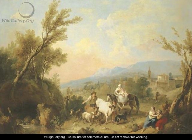 A landscape with peasants and animals by a river with a fortified town on a ridge beyond - Francesco Zuccarelli