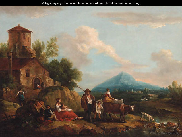 A landscape with a drover and peasants on a river bank near a farmhouse - Francesco Zuccarelli