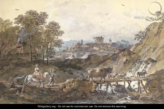 An Italianate river landscape with travellers and livestock crossing a bridge - Francesco Zuccarelli