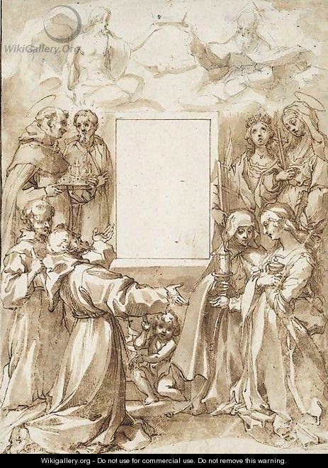 Design For An Altarpiece Eight Saints And The Holy Trinity Surrounding The Empty Frame Of An Early Image Of The Virgin - Francesco Vanni