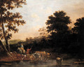 Cowherds watering cattle in an Italianate landscape - (after) Willem Romeyn