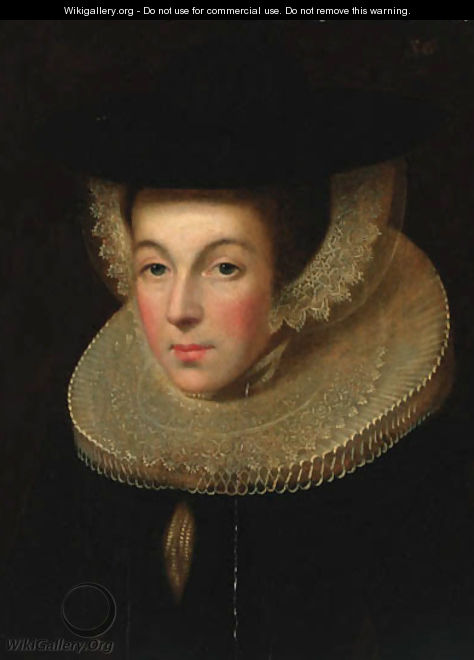 Portrait of a lady, bust-length, in a black dress with a ruff, wearing a black hat - (after) Willem Adriaensz Key