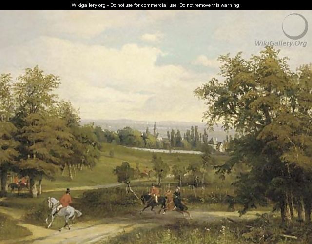 A hunting party on a wooded track with an extensive landscape beyond - (after) Wilhelm August Rieder