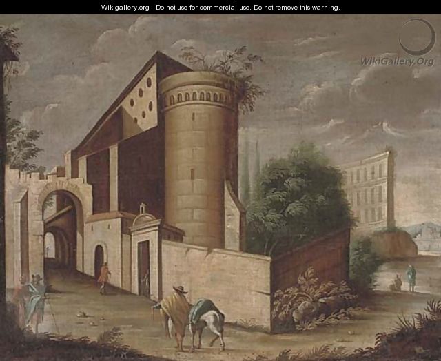 An architectural capriccio with a traveller and his horse - (after) Viviano Codazzi