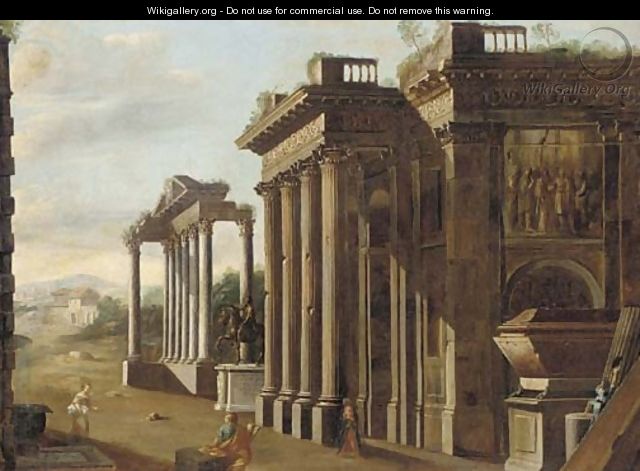 A capriccio of classical ruins with the statue of Marcus Aurelius, a draughtsman and other figures in the foreground - (after) Viviano Codazzi