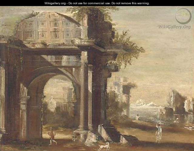 A capriccio of classical ruins by a shore, with figures in the foreground - (after) Viviano Codazzi