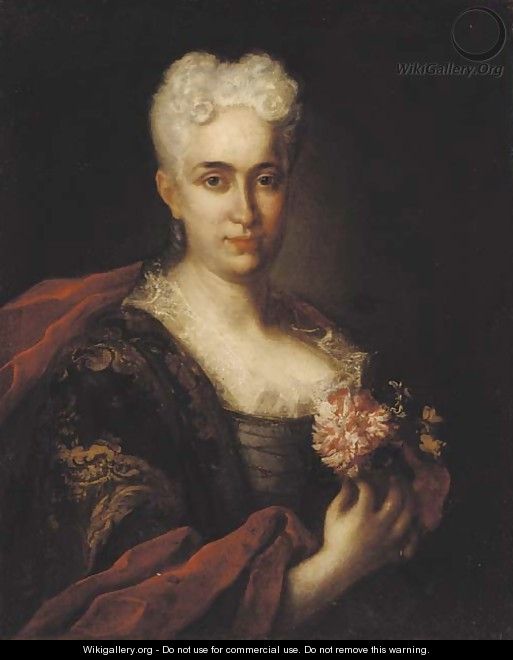 Portrait of a lady with gold brocade and a crimson wrap, holding a carnation - (after) Vittore Ghislandi