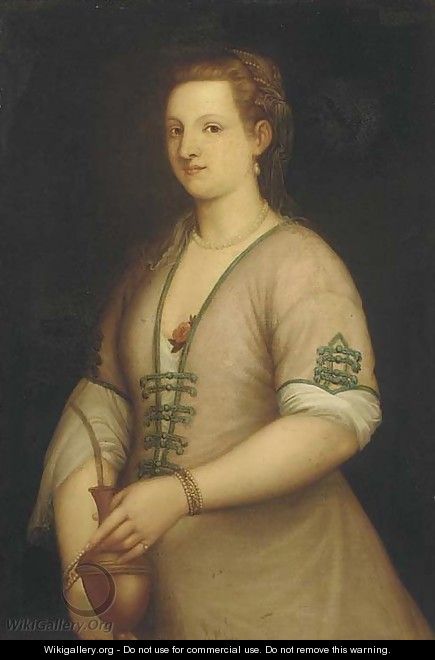 Portrait of a lady, three-quarter-length, holding an urn - (after) Tiziano Vecellio (Titian)