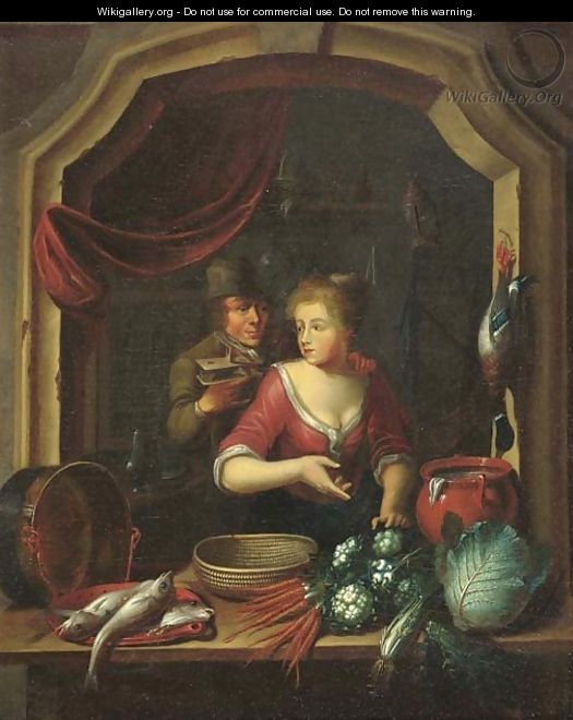 A woman cleaning vegetables and fish by a window, a man holding a birdcage nearby - (after) Willem Van Mieris