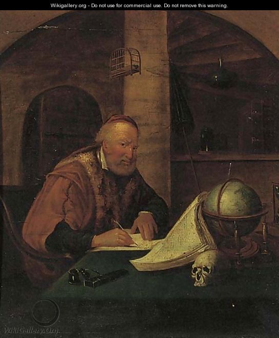 A man playing a violin at a window; and a philosopher in his study - (after) Willem Van Mieris