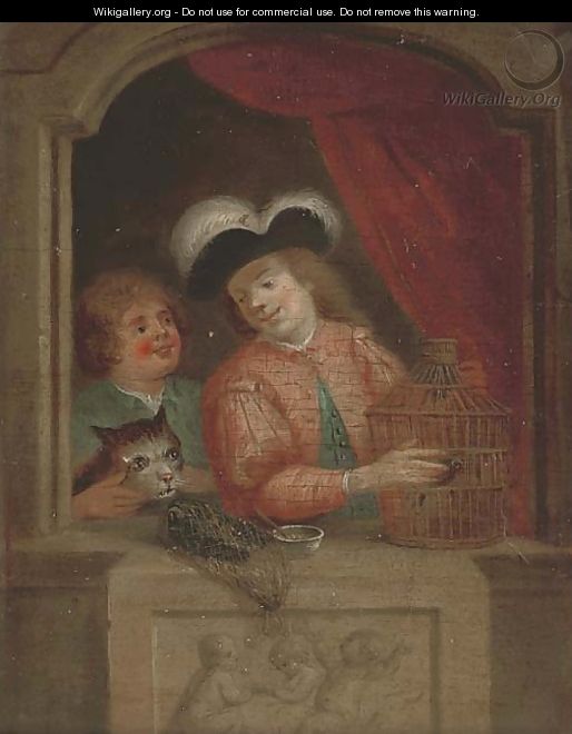 A man and a boy with a caged bird at a casement; and Three children at a casement - (after) Willem Van Mieris