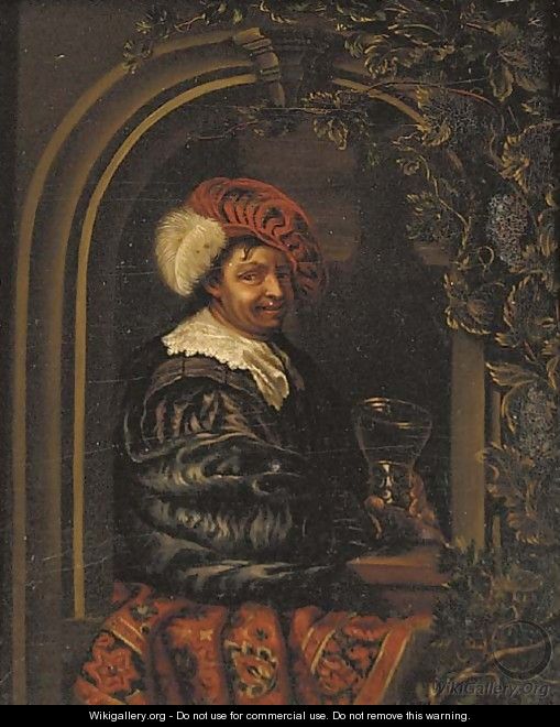 A drinker holding a roemer at a stone niche - (after) Willem Van Mieris