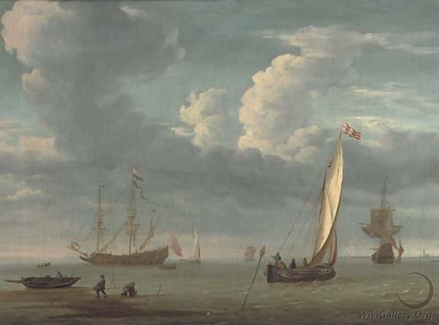 Fishermen collecting lobster pots with a fishing boat in calm waters, warships beyond - (after) Willem Van De Velde