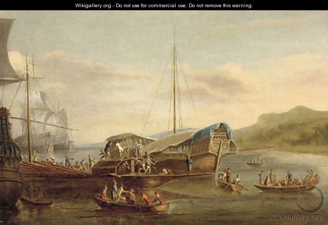 A Mediterranean galeasse and trading vessels unloading in an anchorage - (after) Willem Van De Velde