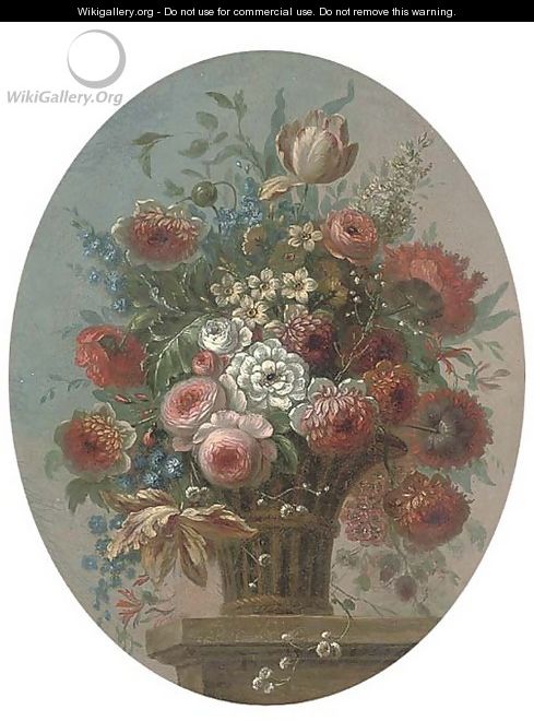Roses, tulips, morning glory, narcissi and other flowers in a basket on a ledge 2 - (after) Pieter Casteels III