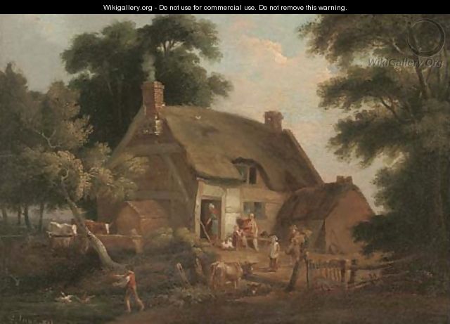 Countrymen and animals before a thatched cottage - (after) William Joseph Shayer