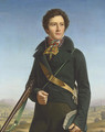 Portrait of a gentleman, identified as Jean-Andre Prosper Henri Le Page, three-quarter-length, in a green jacket and carrying a rifle, in a landscape - Francois Henri Mulard