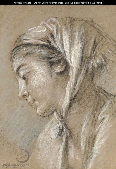 Head of a girl looking down to the left wearing a scarf - François Boucher