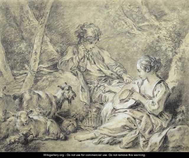 A young shepherdess presenting a flower to a shepherd - François Boucher