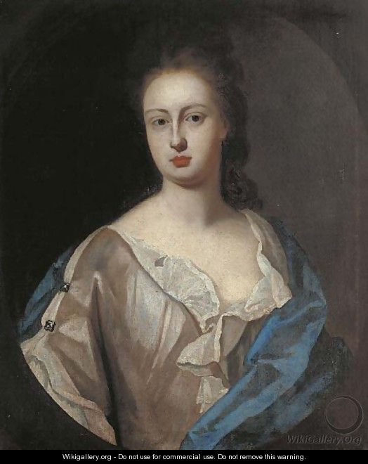 Portrait of Lady Powis, bust-length, in a white dress and blue wrap, feigned oval - (after) Kneller, Sir Godfrey