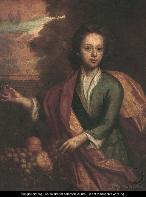 Portrait of a young man, three-quarter-length, in a blue coat with an orange mantle, a grape in his right hand and a bowl of fruit by his side - (after) Kneller, Sir Godfrey