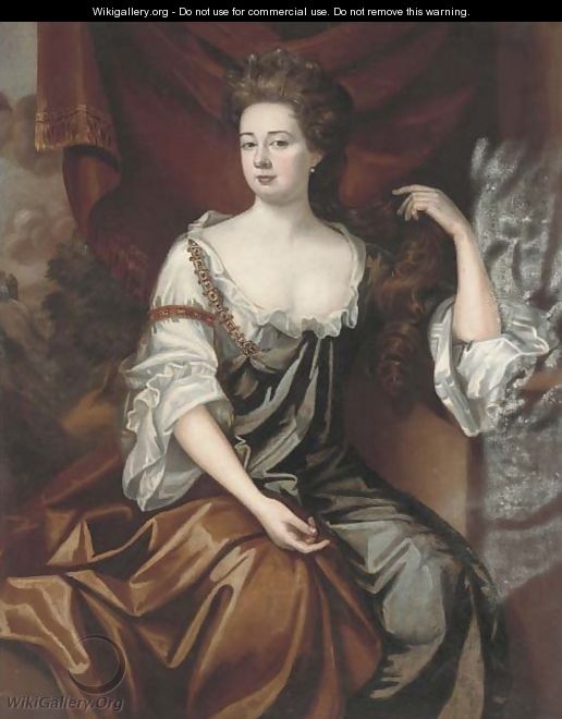 Portrait of a lady, seated half-length, in a green dress with a brown wrap, a landscape beyond - (after) Kneller, Sir Godfrey