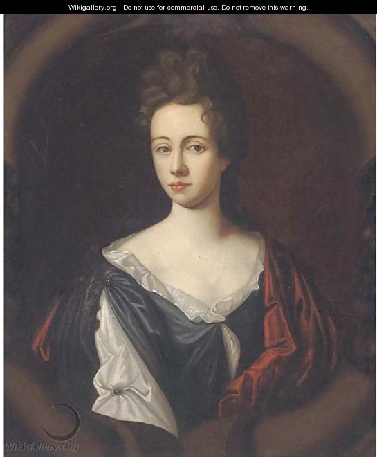 Portrait of a lady, half-length, wearing a white and black dress with a red wrap, in a sculpted cartouche - (after) Kneller, Sir Godfrey