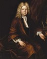 Portrait of a gentleman, seated three-quarter-length, in a brown robe and white cravat, by a writing table - (after) Kneller, Sir Godfrey