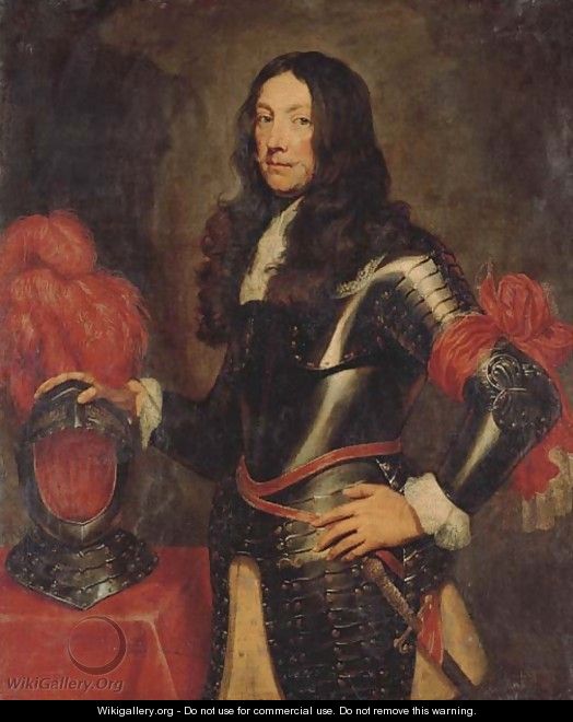 Portrait of a gentleman in armour, three-quarter-length, with a plumed helmet on a table beside - (after) Dyck, Sir Anthony van