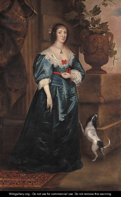 Portrait of Mary, Lady Gerard, of Bromley, full-length, in a blue dress, a dog at her side, beside a classical urn on a plinth on which rests a lizard - (after) Dyck, Sir Anthony van