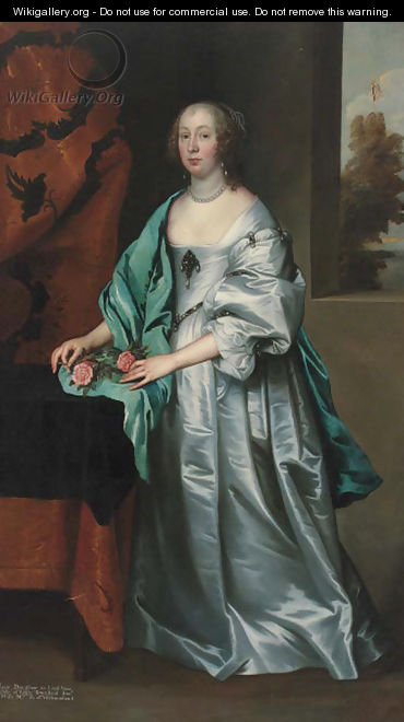 Portrait of Mary, Countess of Westmorland, full-length, in a grey satin dress and a blue wrap, with a sprig of blossom in her right hand - (after) Dyck, Sir Anthony van