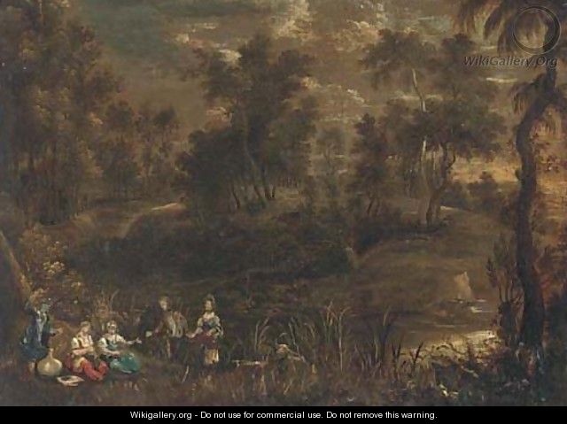 A wooded river landscape with elegant company in the foreground - (after) Sir Peter Paul Rubens