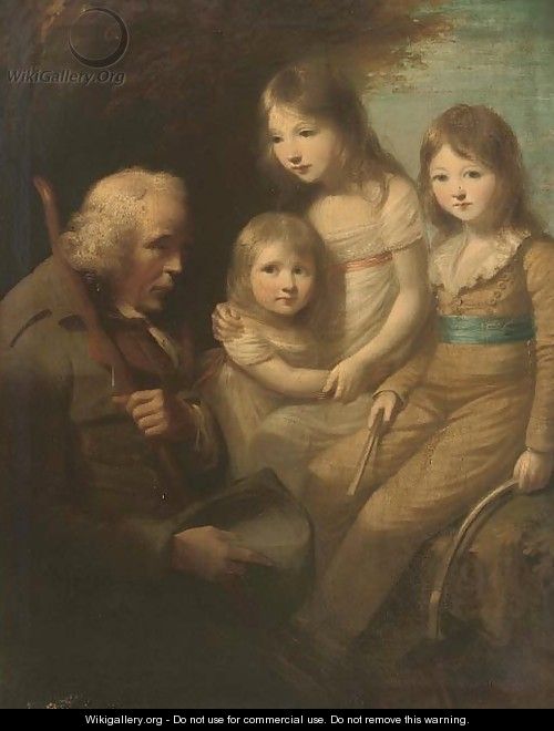 Group portrait of three children, full-length, in a garden with a beggar - (after) Sir Joshua Reynolds