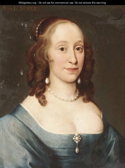 Portrait of Anne L. Somers, bust-length, in a blue dress and pearls - (after) Davis, Theodore Russell