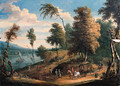 A Dutch river Landscape with Wagons and Travellers on horseback - (after) Theobald Michau