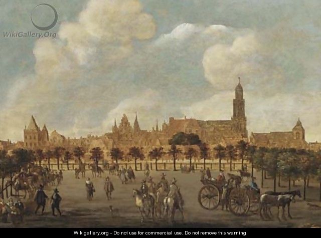 Figures in a park, Utrecht with the Dom Kerk and the Buurkerk beyond - (after) Sybrand Van Beest