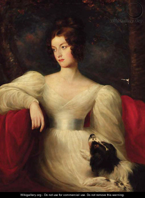 Portrait of a lady, three-quarter-length, in a white dress, seated with a dog by her side, in a landscape - (after) Lawrence, Sir Thomas