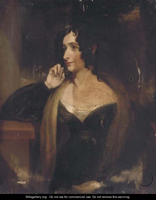 Portrait of a lady, half-length, in a black dress, her right elbow resting on a stone ledge - (after) Lawrence, Sir Thomas