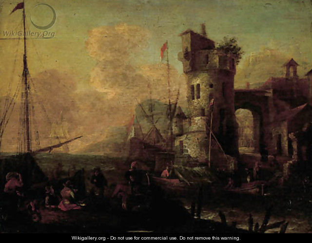Merchantmen unloading their cargo in an Mediterranean harbour - (after) Thomas Wyck