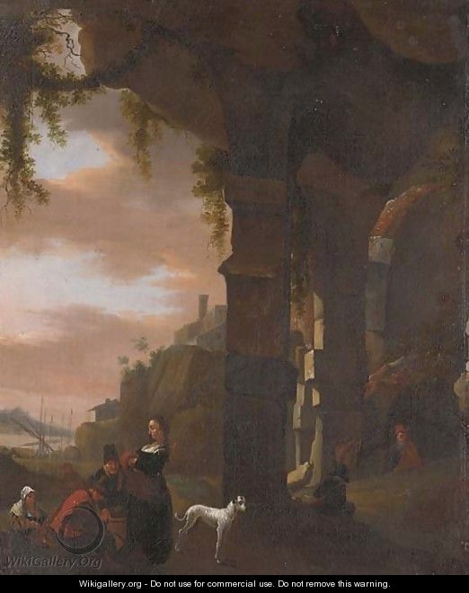 An Italianate landscape with figures by a ruined arch, a harbour beyond - (after) Thomas Wyck