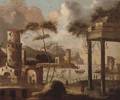 A capriccio of a Mediterranean harbour with shipping - (after) Thomas Wyck
