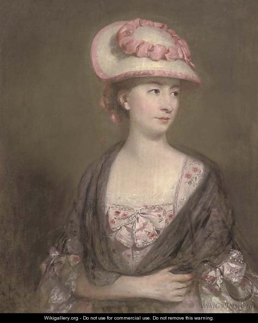 Portrait of a lady, half-length, in a pink dress and hat - (after) Gainsborough, Thomas