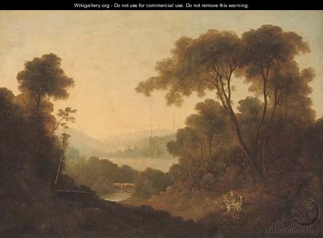 A wooded river landscape with travellers at rest on a bank - (after) Thomas Barker Of Bath