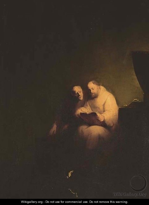 Monks reading in a chapel interior - (after) Rembrandt Van Rijn