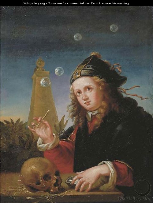 A young boy blowing soap bubbles - (after) Reinier De La Haye