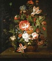 Tulips, roses, morning glory, an iris and other flowers in an urn on a stone ledge - (after) Rachel Ruysch